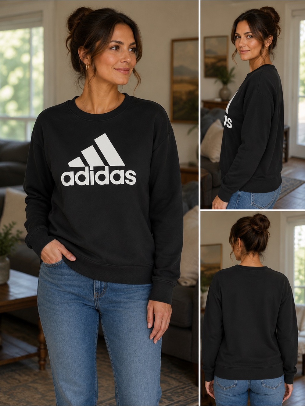 adidas Black Crewneck Sweatshirt with White Trefoil Logo